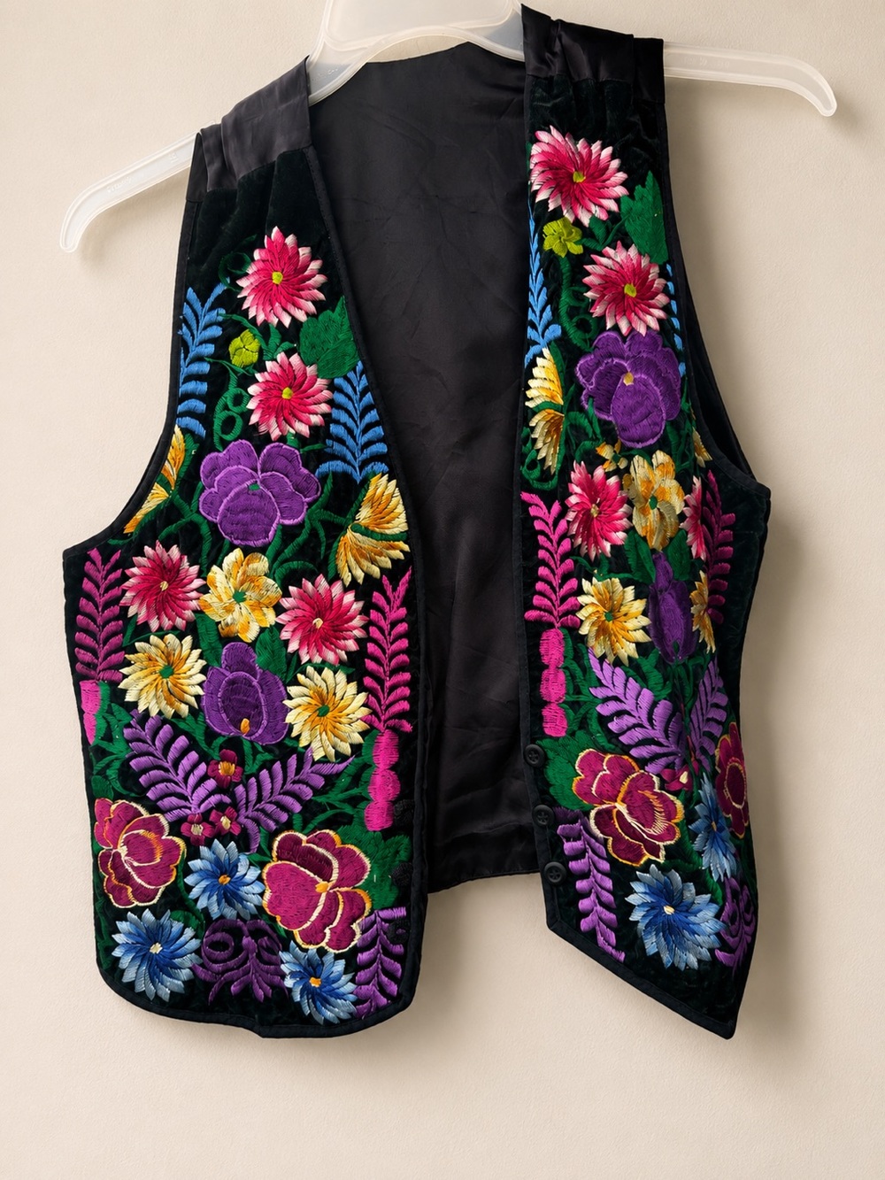 Embroidered Floral Black Velvet Vest - Multicolor Flowers